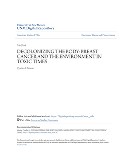 DECOLONIZING the BODY: BREAST CANCER and the ENVIRONMENT in TOXIC TIMES Cynthia L