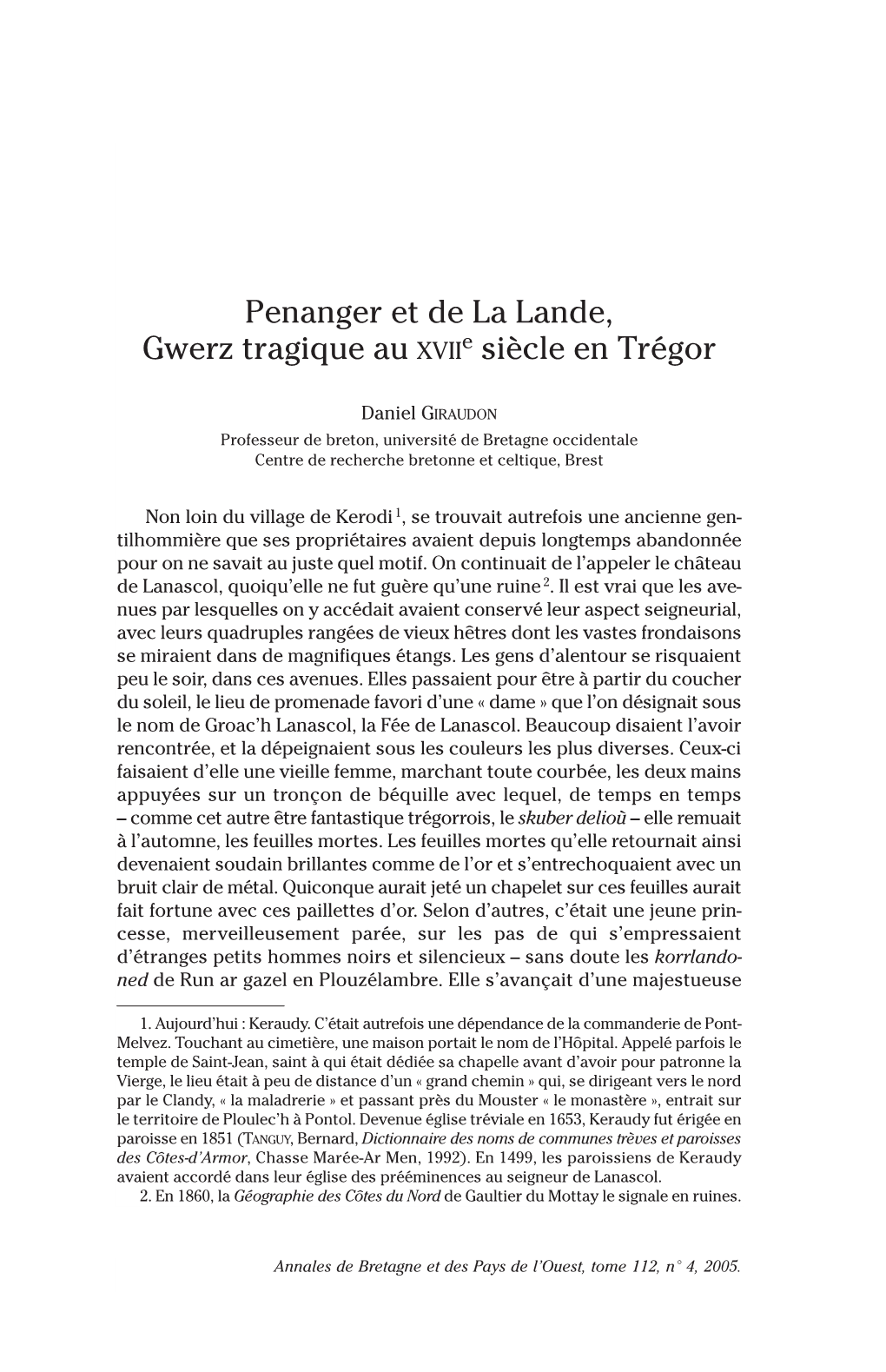 Penanger Et De La Lande, Gwerz Tragique Au XVII E Siècle En Trégor