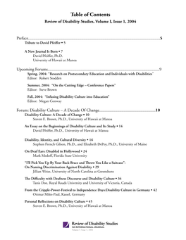 Table of Contents Review of Disability Studies, Volume I, Issue 1, 2004