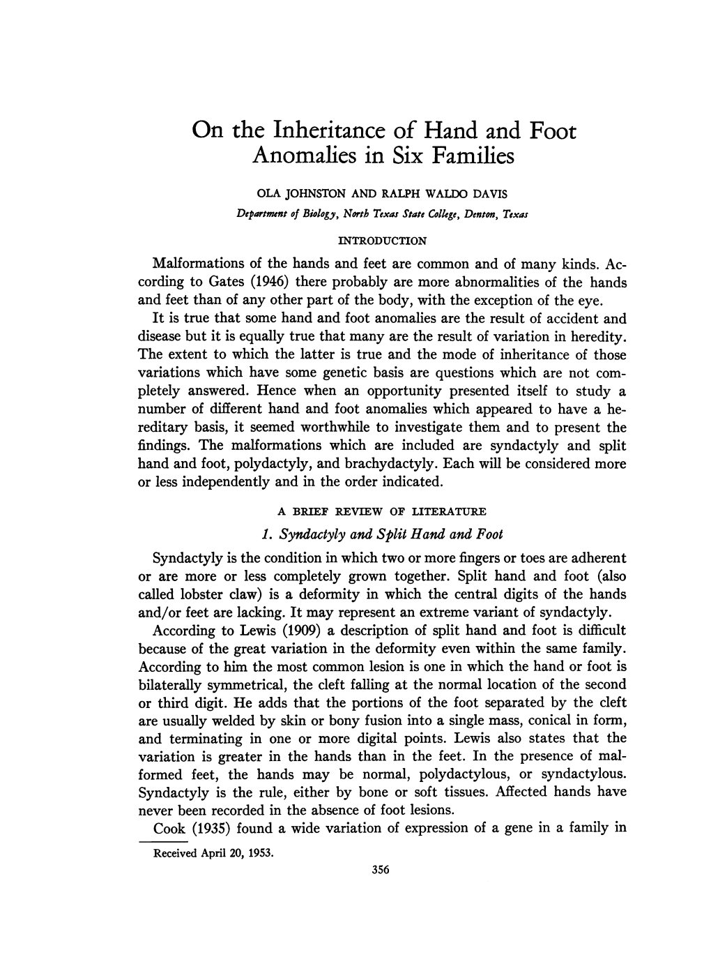 On the Inheritance of Hand and Foot Anomalies in Six Families