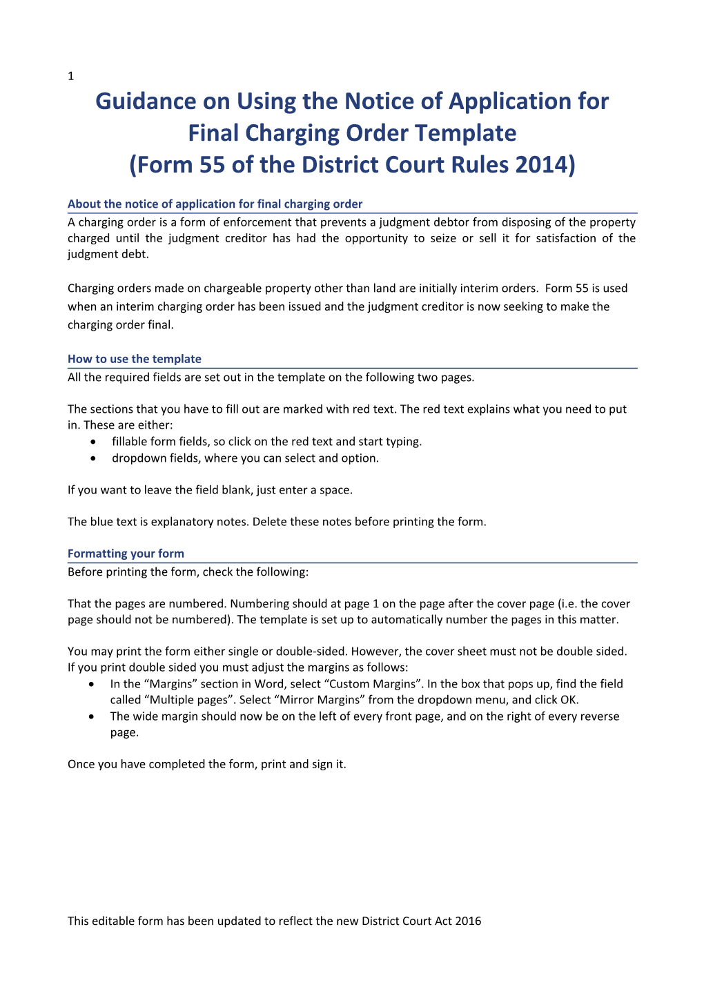 Guidance on Using the Notice of Application for Final Charging Order Template