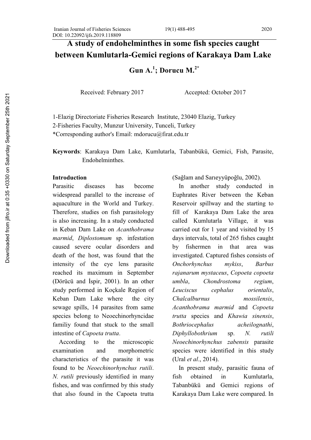 A Study of Endohelminthes in Some Fish Species Caught Between Kumlutarla-Gemici Regions of Karakaya Dam Lake