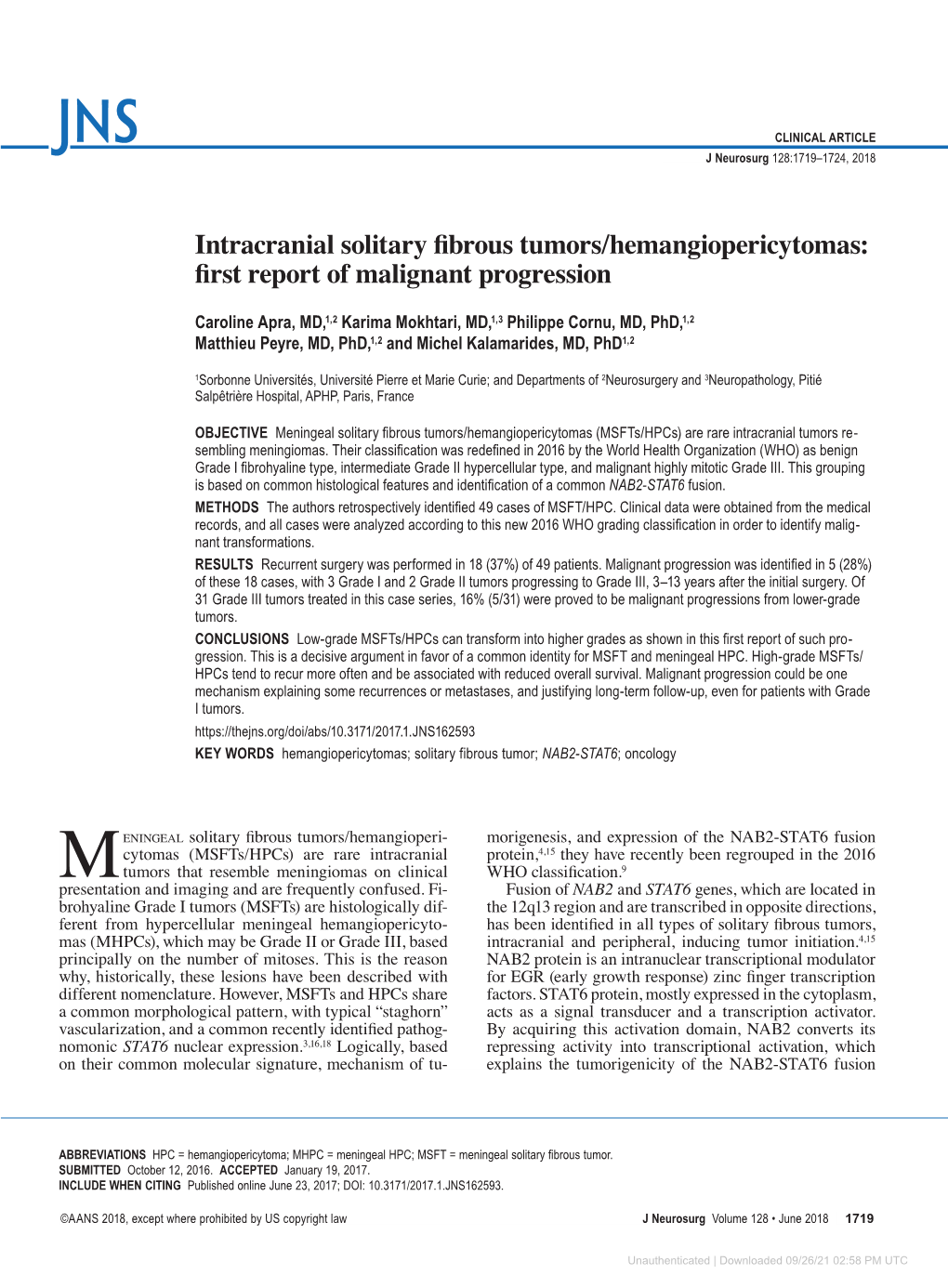 Intracranial Solitary Fibrous Tumors/Hemangiopericytomas: First Report of Malignant Progression
