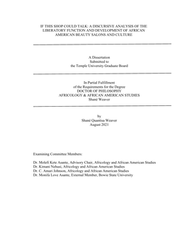 A Discursive Analysis of the Liberatory Function and Development of African American Beauty Salons and Culture