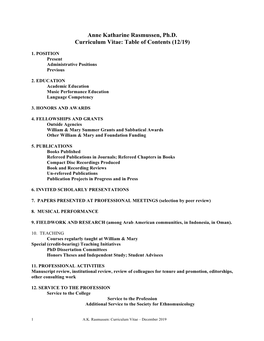 Anne Katharine Rasmussen, Ph.D. Curriculum Vitae: Table of Contents (12/19)