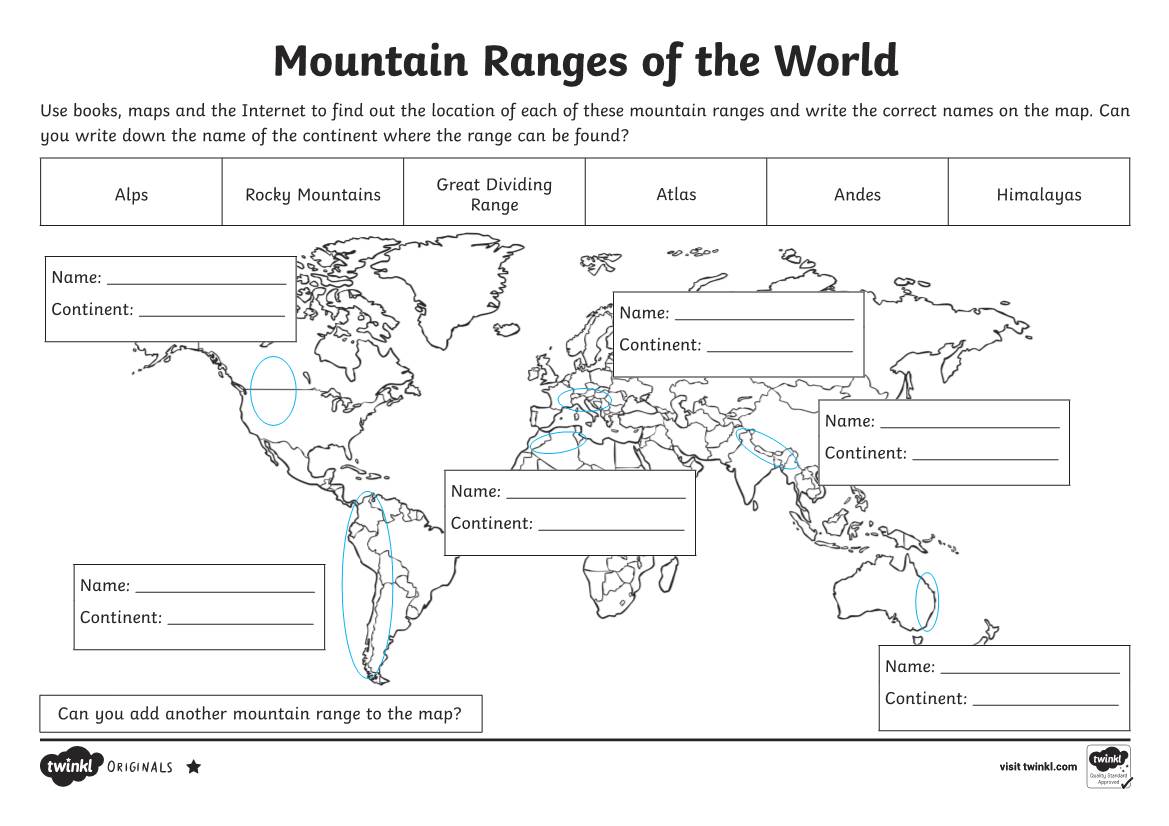 Mountain Ranges of the World Use Books, Maps and the Internet to Find out the Location of Each of These Mountain Ranges and Write the Correct Names on the Map