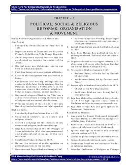 Political, Social & Religious Reforms, Organisation