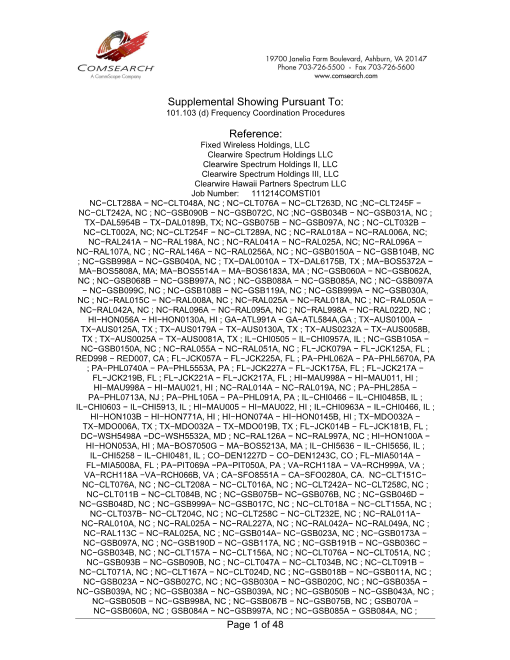 Supplemental Showing Pursuant To: 101.103 (D) Frequency Coordination Procedures