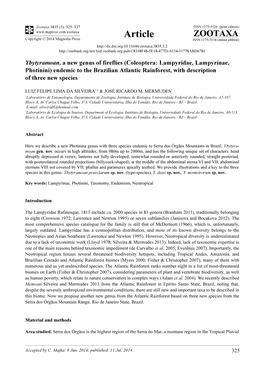 Coleoptera: Lampyridae, Lampyrinae, Photinini) Endemic to the Brazilian Atlantic Rainforest, with Description of Three New Species