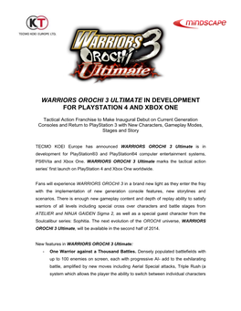 Warriors Orochi 3 Ultimate in Development for Playstation 4 and Xbox One