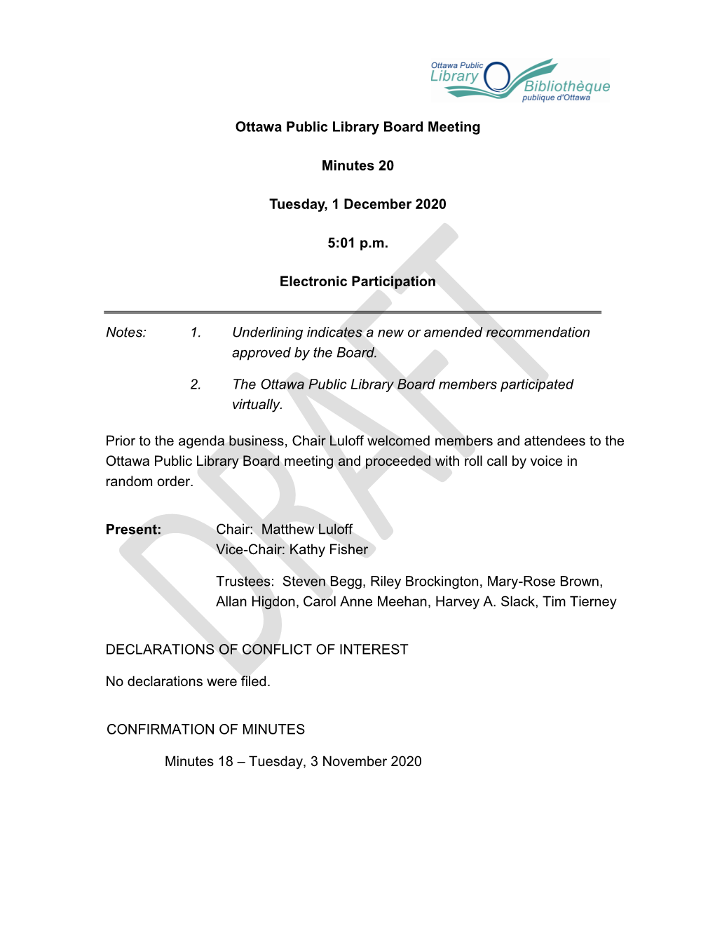 Ottawa Public Library Board Meeting Minutes 20 Tuesday