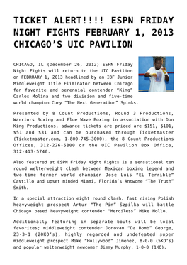 Ticket Alert!!!! Espn Friday Night Fights February 1, 2013 Chicago’S Uic Pavilion