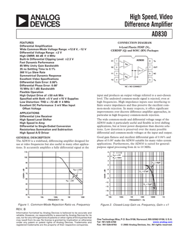 AD830 High Speed, Video Difference Amplifier Data Sheet
