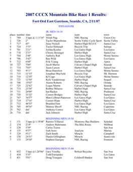 2007 CCCX Mountain Bike Race 1 Results: Fort Ord East Garrison, Seaside, CA, 2/11/07