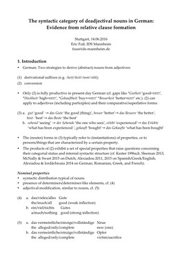 The Syntactic Category of Deadjectival Nouns in German: Evidence from Relative Clause Formation