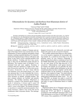 Ethnomedicine for Dysentery and Diarrhoea from Khammam District of Andhra Pradesh