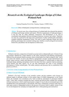 Research on the Ecological Landscape Design of Urban Wetland Park