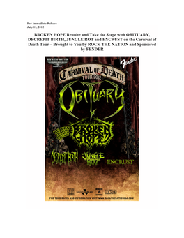 BROKEN HOPE Reunite and Take the Stage with OBITUARY, DECREPIT BIRTH, JUNGLE ROT and ENCRUST on the Carnival of Death Tour