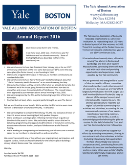 Annual Report 2016 the Yale Alumni Association of Boston