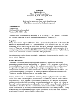 Hinduism Religion 840:224 Winter Session Study Abroad December 29, 2020-January 14, 2021 Instructors: Professor Satyanarayana