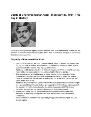 Death of Chandrashekhar Azad - [February 27, 1931] This Day in History