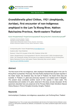 Amphipoda, Aoridae), First Encounter of Non-Indigenous Amphipod in the Lam Ta Khong River, Nakhon Ratchasima Province, North-Eastern Thailand