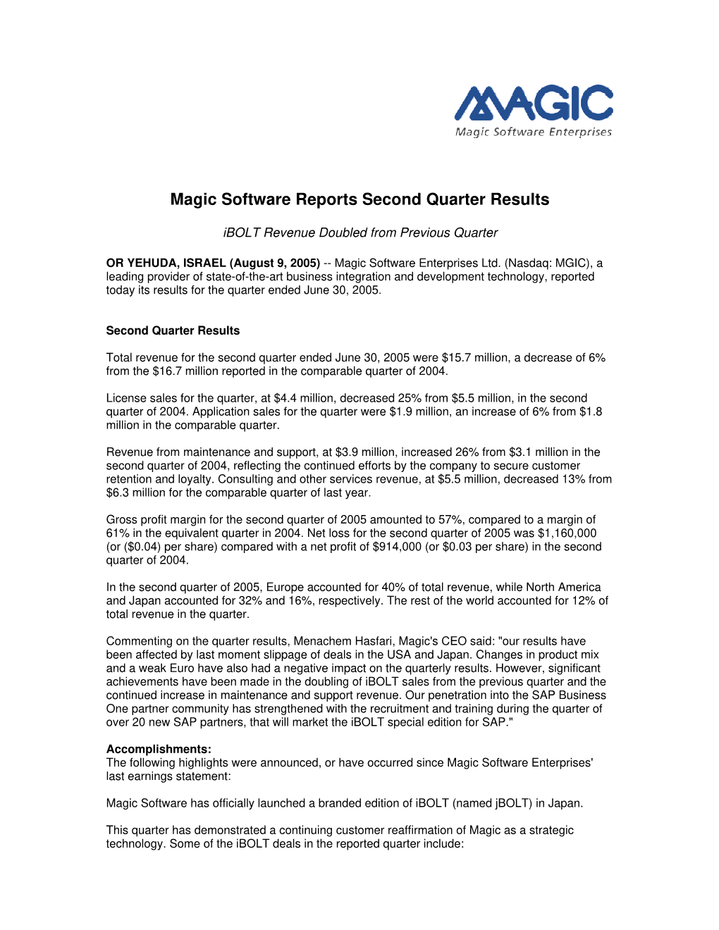 Magic Software Announces First Quarter Results