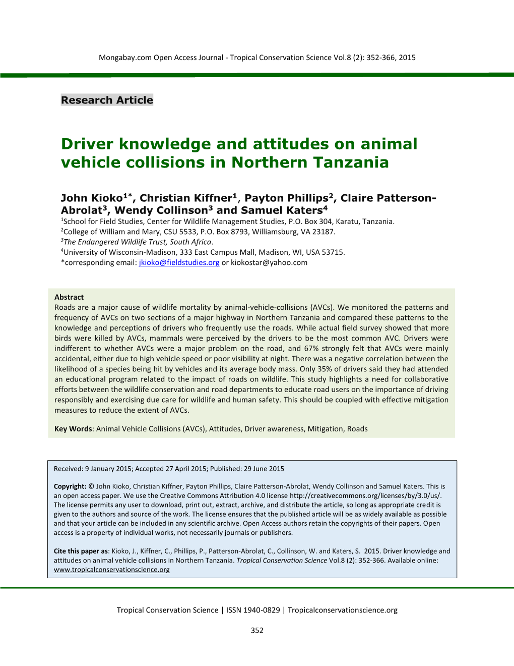 Driver Knowledge and Attitudes on Animal Vehicle Collisions in Northern Tanzania