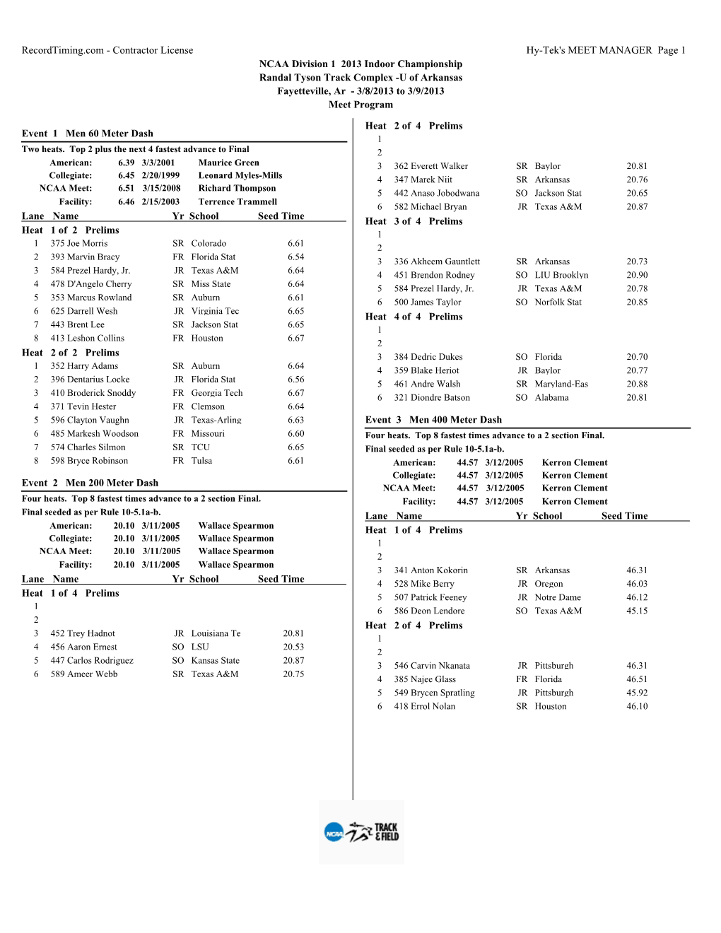 Contractor License Hy-Tek's MEET MANAGER Page 1 NCAA