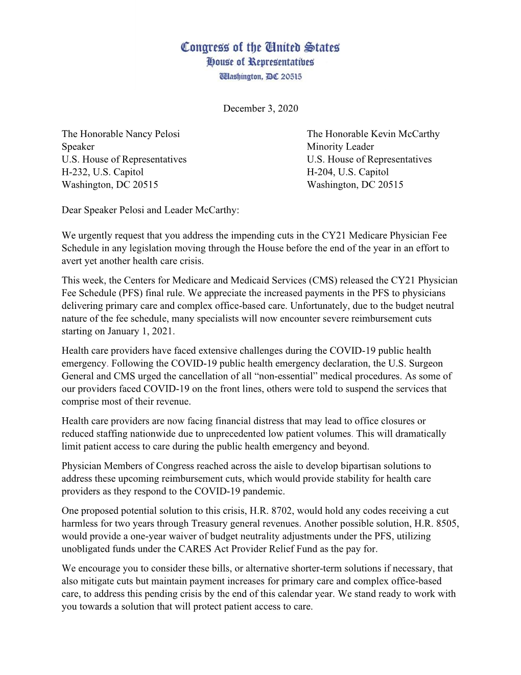 Doctors & Members of Congress Letter to Leadership