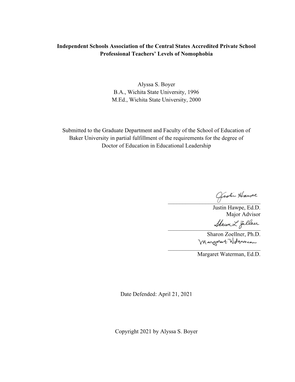 Independent Schools Association of the Central States Accredited Private School Professional Teachers’ Levels of Nomophobia