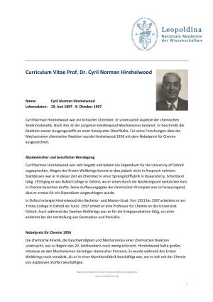 Curriculum Vitae Prof. Dr. Cyril Norman Hinshelwood
