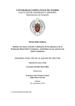 Balance De Masa Reciente Y Dinámica De Los Glaciares De La Península Hurd (Isla Livingston, Antártida) En Un Contexto De Clima Cambiante