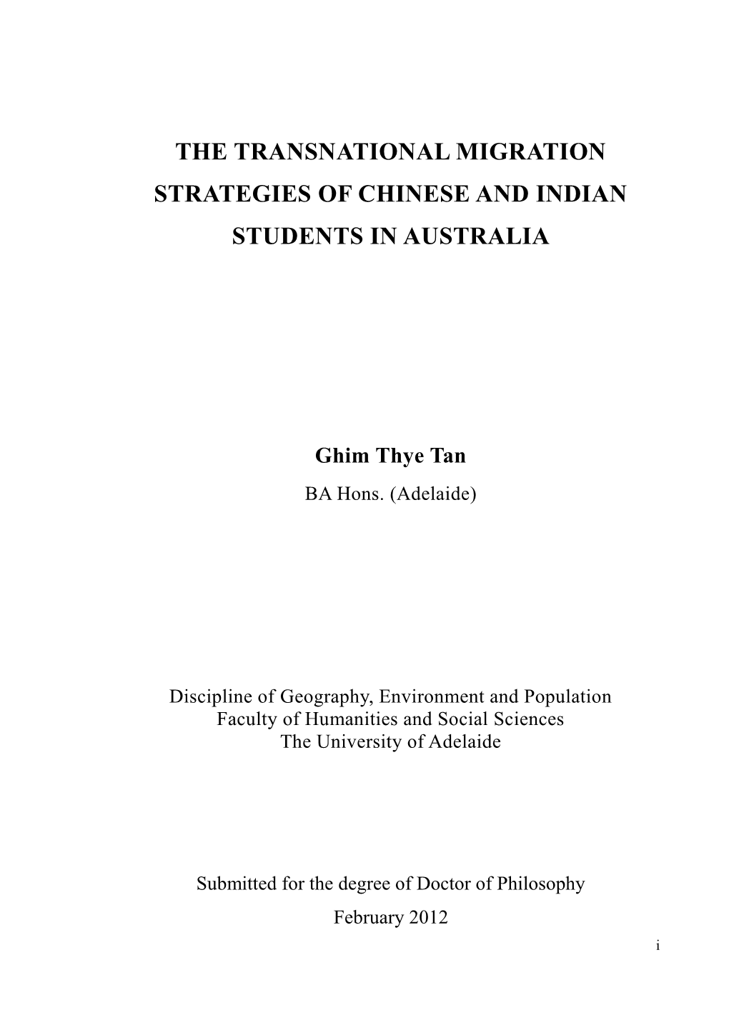 The Transnational Migration Strategies of Chinese and Indian Students in Australia