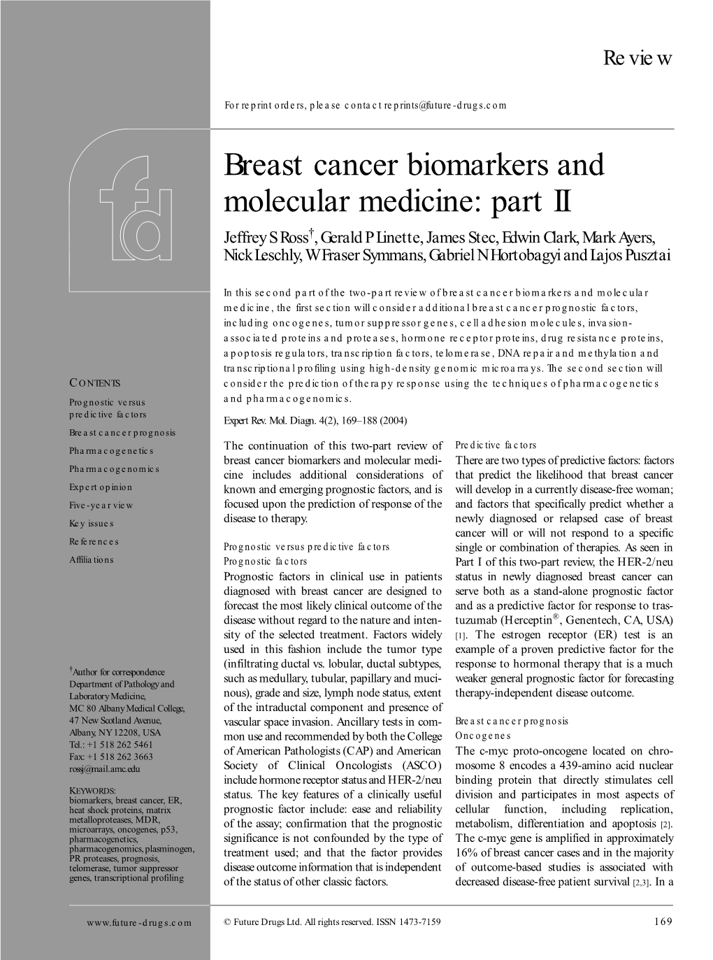 Breast Cancer Biomarkers and Molecular Medicine: Part II