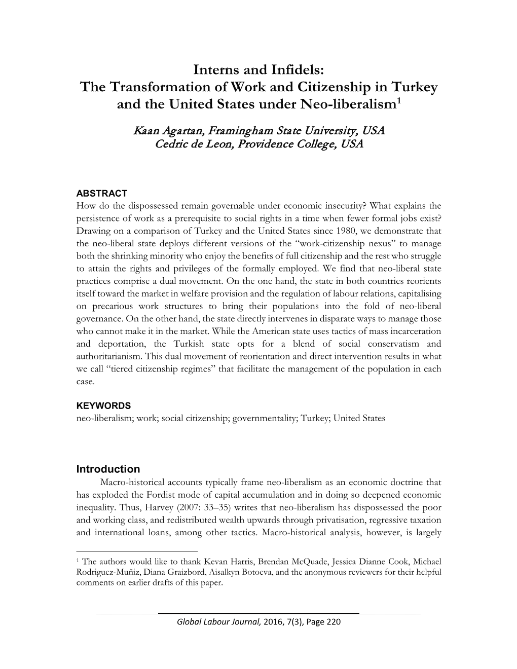 The Transformation of Work and Citizenship in Turkey and the United States Under Neo-Liberalism1