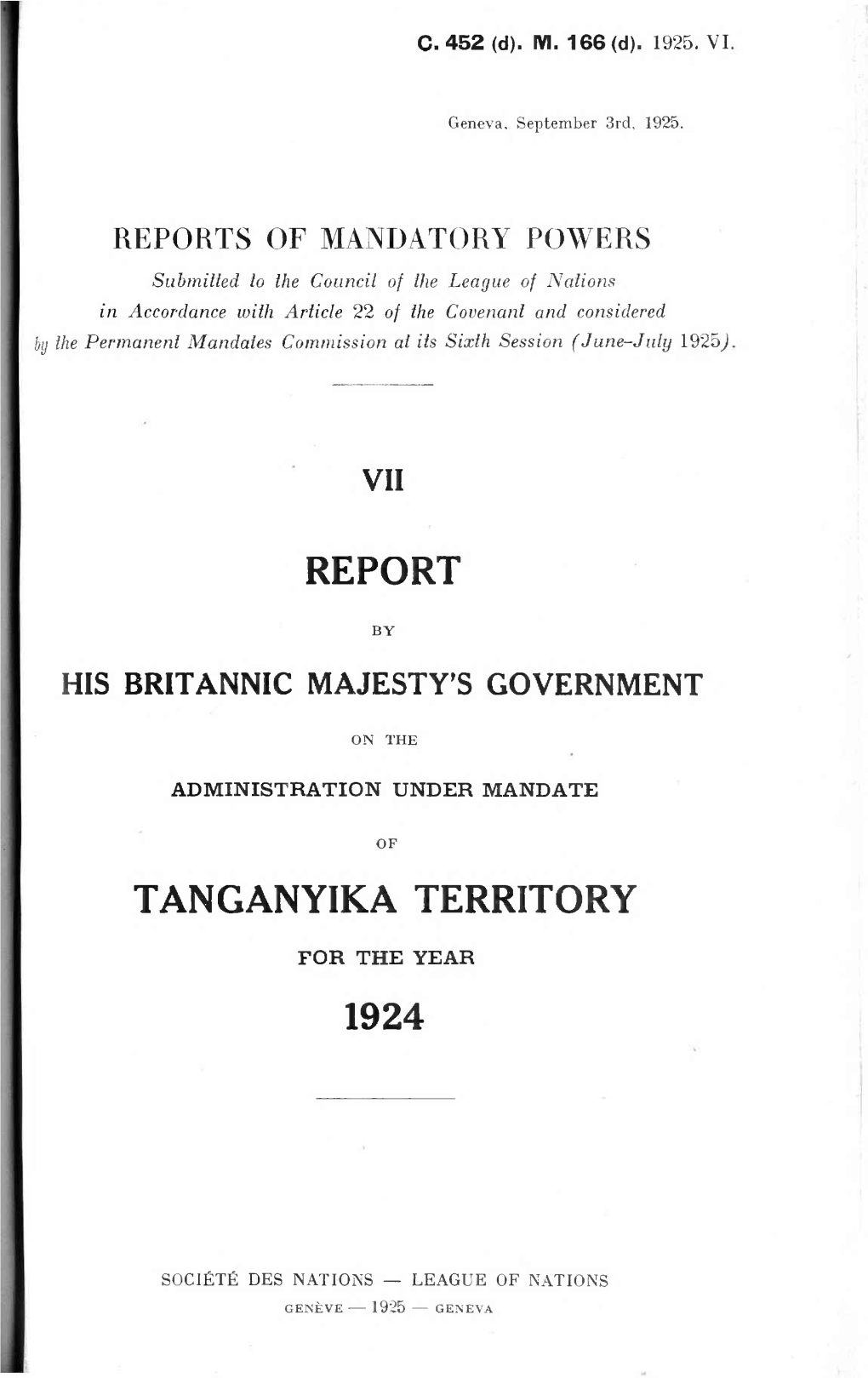 Report Tanganyika Territory