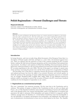 Polish Regionalism — Present Challenges and Threats