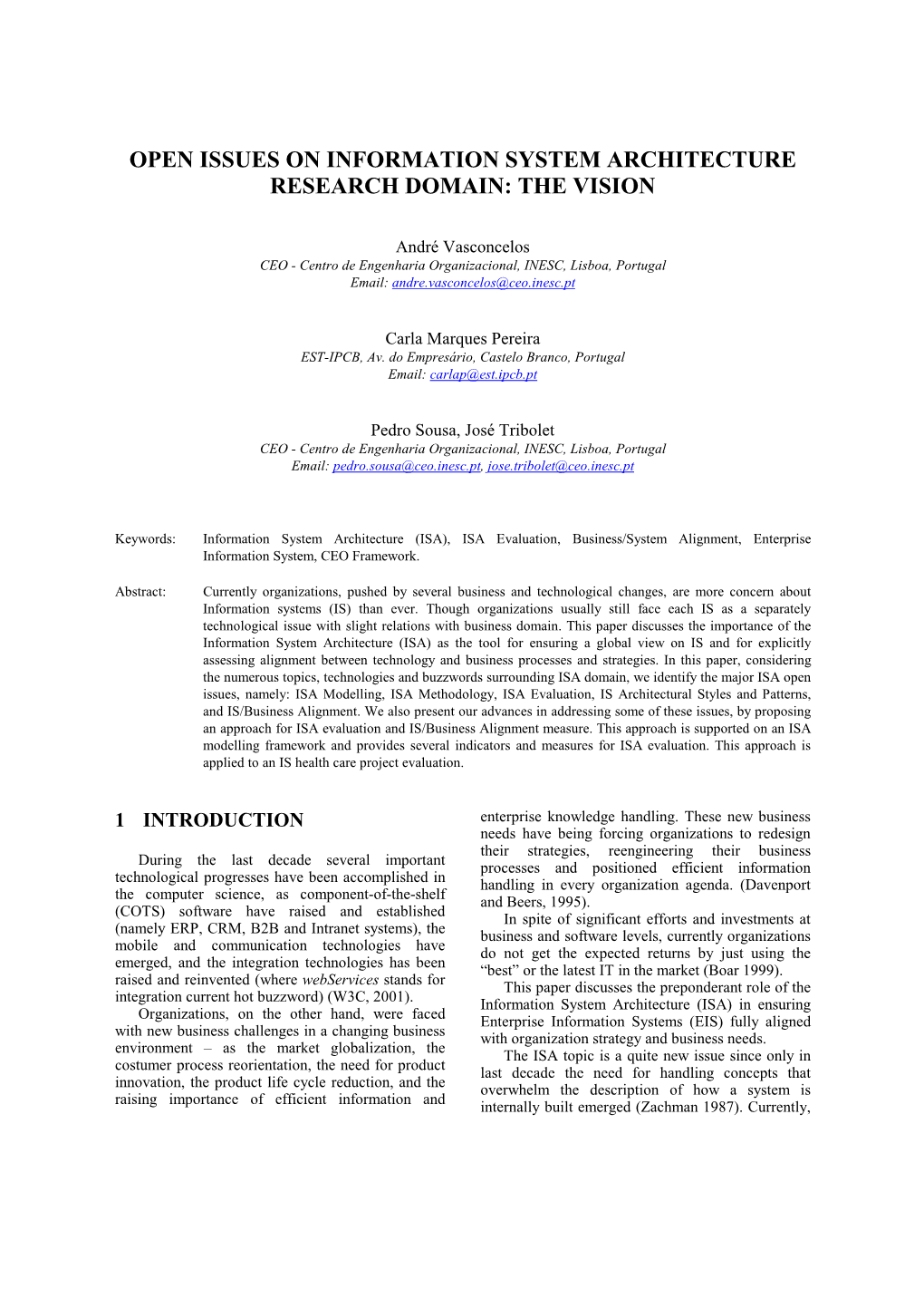 Open Issues on Information System Architecture Research Domain: the Vision