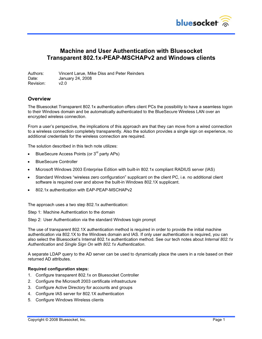 Machine and User Authentication with Bluesocket Transparent 802.1X-PEAP-Mschapv2 and Windows Clients