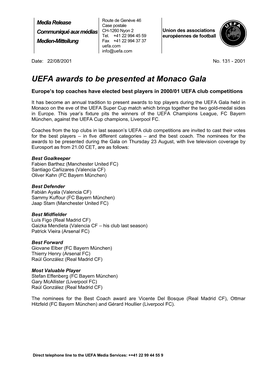 UEFA Awards to Be Presented at Monaco Gala
