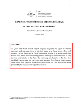 Lone Wolf Terrorism and Open Source Jihad: an Explanation and Assessment