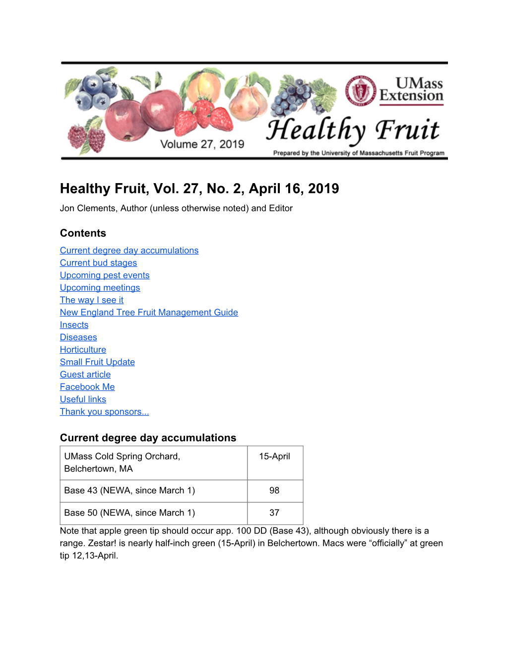 Healthy Fruit, Vol. 27, No. 2, April 16, 2019 Jon Clements, Author (Unless Otherwise Noted) and Editor