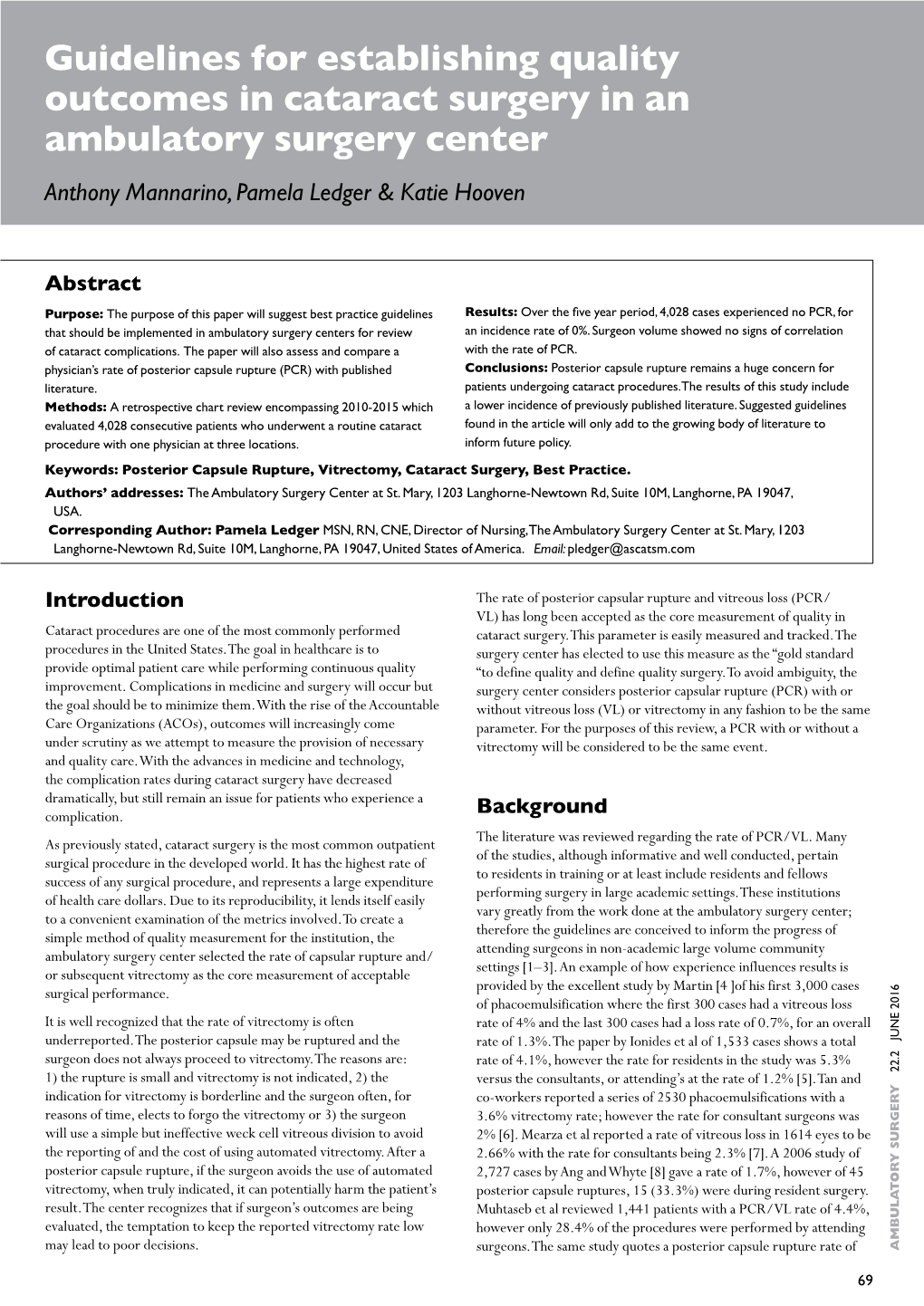 Guidelines for Establishing Quality Outcomes in Cataract Surgery in an ...