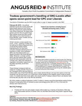 Trudeau Government's Handling of SNC-Lavalin Affair Opens Seven-Point Lead for CPC Over Liberals