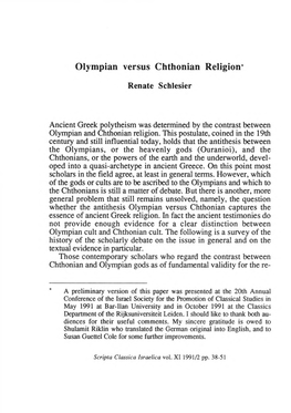 Olympian Versus Chthonian Religion*