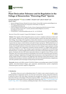 Plant Desiccation Tolerance and Its Regulation in the Foliage of Resurrection “Flowering-Plant” Species