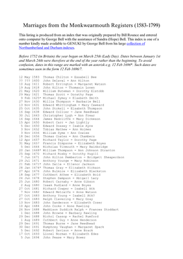 Marriages from the Monkwearmouth Registers (1583-1799)