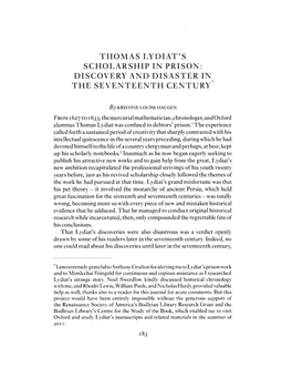 Thomas Lydiat's Scholarship in Prison: Discovery and Disaster in the Seventeenth Century *