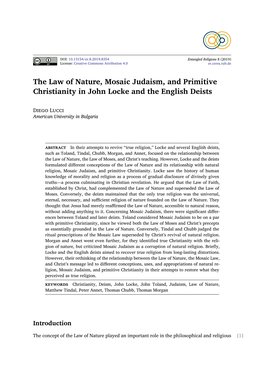 The Law of Nature, Mosaic Judaism, and Primitive Christianity in John Locke and the English Deists